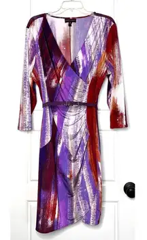 Dana Buchman Purple‎ Surplice Ruched Belted Abstract Dress Sz XLARGE