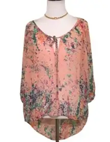 Everly SemiSheer Peach & Watercolors Flowy Boho Round Neck Blouse S