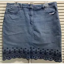 Denim Pencil Midi Skirt Size 14 Zip Stretch Embroidered Scallop Hem