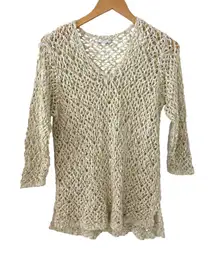 J. Jill‎ Crochet Knit Top Cream Green V Neck 3/4 Sleeve Lightweight Sweater Med