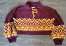 SO Maroon & Gold Cropped Fair Isle Tie Up Sweater Size L