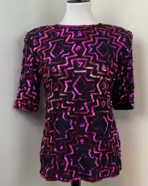 Vintage Silk & Sequin Short Sleeve Party Blouse Medium Cocktail NYE