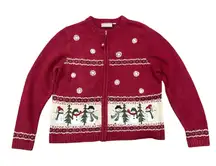 Croft & Barrow Petite M Winter Snowman Snowflake Zip Up Cardigan Sweater Women