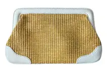 J Crew Straw White Faux Leather Trim Clutch‎ Bag Checkered Interior
