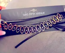 Saks Fifth Avenue Luxurious Rose Gold Crystal and Black Leather Choker