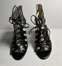 NINE WEST AUTHORITY BLACK‎ LEATHER STRAPPY LACE UP STILLETOS WOMEN SZ 6.5 M