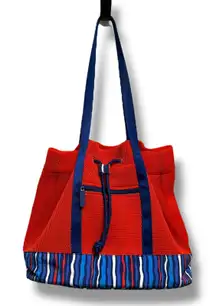 Vera Bradley Orange Cobalt Stripe Mesh Drawstring Tote Beach Bag Red White Blue