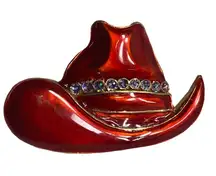 Cowgirl Cowboy Hat Red Enamel Painted Rodeo Rhinestone Pin Brooch Horse Show