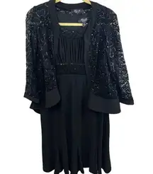 R & M Richards  Black Dress Jacket 2 piece Set 8 Sequins Mother Of Bride Lace