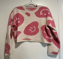 Moon & Madison Sz:M Cropped Pink Smiley Face Crew Neck Oversized Sweater.