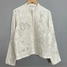 Silk Jacket White Ivory Beads Lace Shell Buttons Norm Thompson Medium Elegant