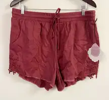 Knox Rose Burgundy Cut Off Drawstring Waist Shorts Size Large NEW Embroidered
