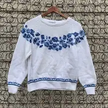 Vintage 90s knit blue flower granny sweater MEDIUM