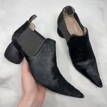 Pony Calf Hair Sharp Pointed Toe Block Heel Ankle Bootie Boots Black