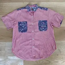 Amaclan - Gingham & Floral Button Down Short Sleeve Shirt in Red & Blue