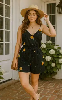 Vintage Arizona Jean Co Lemon Print Black Sleeveless V-Neck Summer Romper XXL