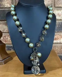 Light Amber Crystal & Green Iridescent Faux Pearl Necklace Tree Of Life Charm