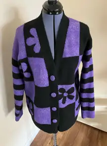 Zara Purple Black Checkered Flower Jacquard Knit Oversized Cardigan Sweater S
