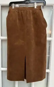 Vintage Bill Blass  Blassport Brown Suede Leather Midi Pencil Skirt Size 6 Small