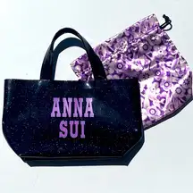 ANNA SUI Women’s Black Glitter Mini handbag with satin makeup drawstring bag