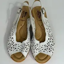 SPRING Step Saibara White Leather Eyelet Peep Toe Slingback Wedge Sandal Size 38