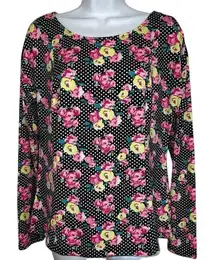 BETSEY JOHNSON Black Rose Floral Mesh Shoulder  Logo L/S Top NWOT‎ Size Medium