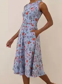 Pact Organic Fit & Flare Keyhole Back Dress Nightfall Blooms Cornflower Blue M