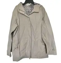 Women's Jacket Sz Medium Rain Hooded Beige Canvas  Pockets Leopard