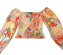 Anthropologie Rouen Cropped Smocked Peasant Blouse Floral Boho Chic Top S in GUC