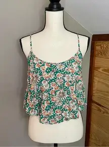 Timing Green Floral Spaghetti Strap Flowy Crop Tank Top Large