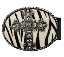 Black Leather Belt Buckle Zebra Calf Hair Rhinestone Gunmetal Cross Size 36 M/L