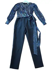 Michael Kors blue animal metallic tie waist jumpsuit 2