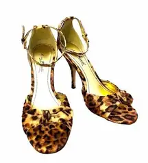 Leopard cheetah print sandal heels shoes NEW satin brown gold tan black 7.5 NIB