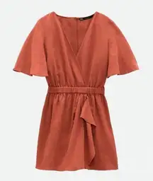 Zara Women‎ XS Wrap Romper Linen Blend Playsuit Dress Orange Flutter Sleeve Boho