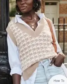 Abercrombie & Fitch Vest Sweater Beige V Neck Houndstooth Cropped Ribbed Small