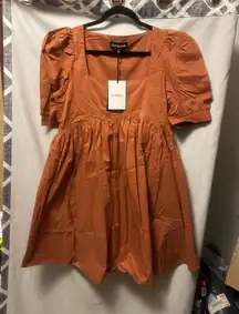 NWT EN SAISON Cotton-Poplin Mini Dress Square Neck Burnt Orange Size Large