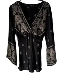 New York City Y2k Paisley Print Silk‎ Blouse Top Long Bell Slv Western Grunge