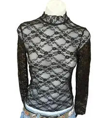 Sheer Black Stretch Lace Top XL Bodycon Mock Neck Long Sleeve Whimsigoth NEW