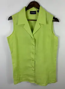 Liz Claiborne Linen Top Medium Chartreuse Button Down Coastal Preppy Minimalist