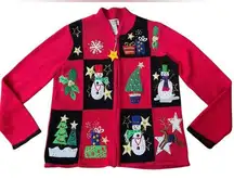Tiara International Christmas Patchwork Embroidered Holiday Zip Up Knit Sweater