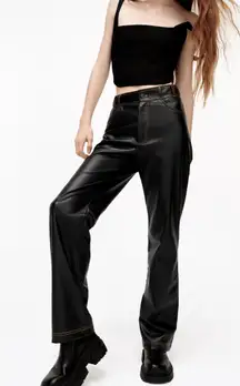 ZARA Pants Faux Leather Straight Leg Contrast Stitching Black S NWT New