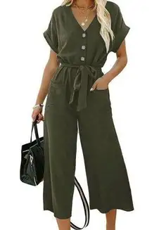 NEW Buttons Straight Wide Leg Cropped Jumpsuits M NO BELT