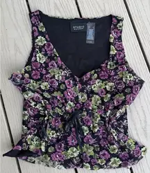 Vtg Crop S Black Floral Mesh Lace Top Medium Y2K Fairy Grunge Romantic 2000s 90s