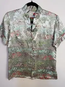 Peony Asian Silk 34 Blouse Multicolor Short‎ Sleeve Frog Buttons Vintage
