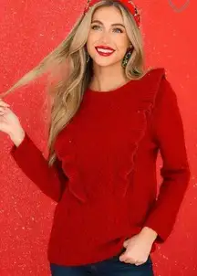 See and Be Seen Fire Away Ruby Red Sweater Ruffle Front Metallic Trim M