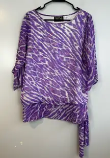 Bob Mackie Purple Anima Print Lightweight Bell Sleeve Blouson Blouse Size Small
