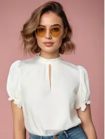 Frame Women's XL Ivory Keyhole Mock Neck Party‎ Blouse Long Ruffle Sleeve