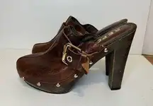 Report Brown Platform Clog Mule Good Buckle Studded Heel Size 5.5