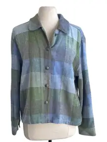 CHRISTOPHER & BANKS Plaid Shacket Womens Sz Large Blue Green Campcore Chenille
