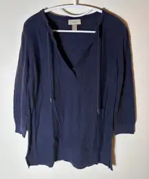 LOFT Navy Blue Cotton Pullover Tunic V-Neck Drawstring Size Large